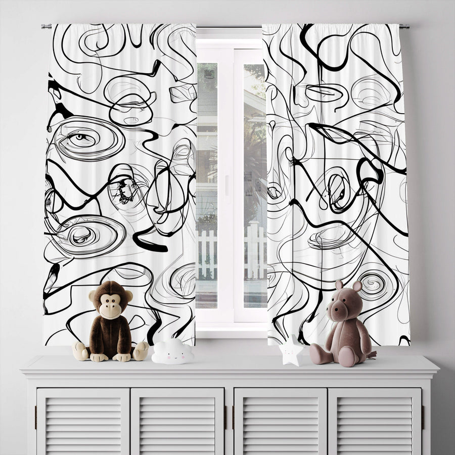 Abstract Window Curtain - Black and White Swirly Squiggles - Deja Blue Studios