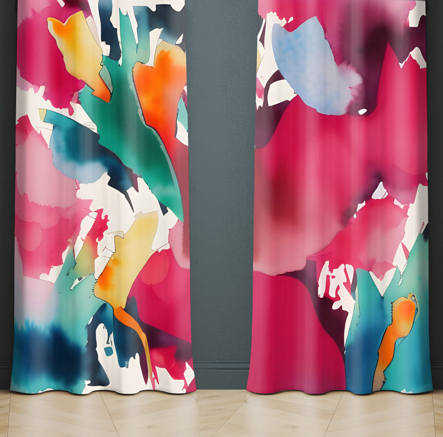 Abstract Window Curtain - Pink and Blue Faux Alcohol Ink Splatters - Deja Blue Studios