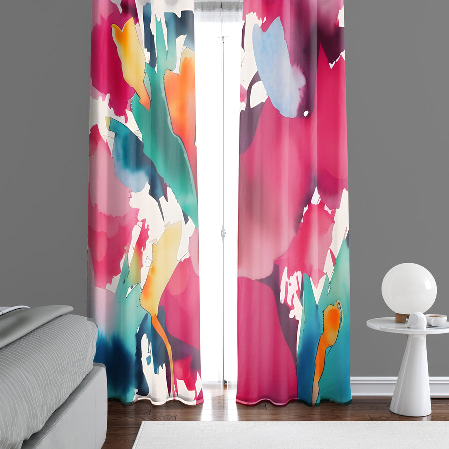 Abstract Window Curtain - Pink and Blue Faux Alcohol Ink Splatters - Deja Blue Studios