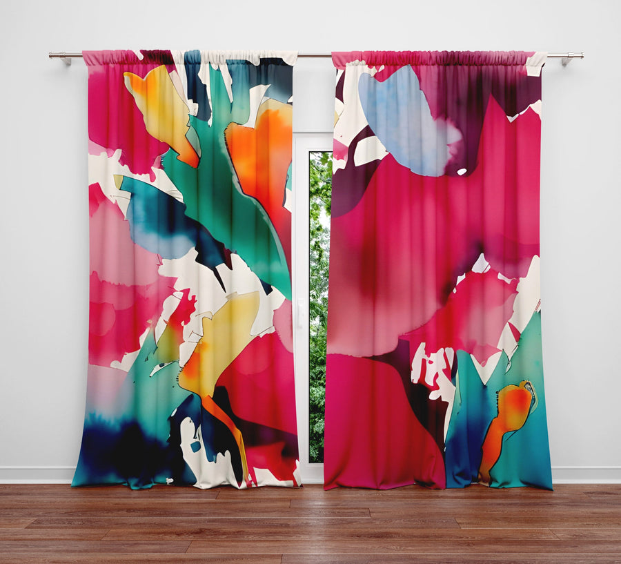 Abstract Window Curtain - Pink and Blue Faux Alcohol Ink Splatters - Deja Blue Studios