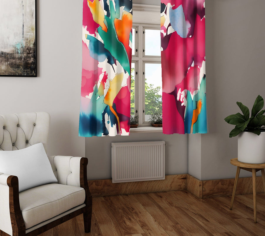 Abstract Window Curtain - Pink and Blue Faux Alcohol Ink Splatters - Deja Blue Studios