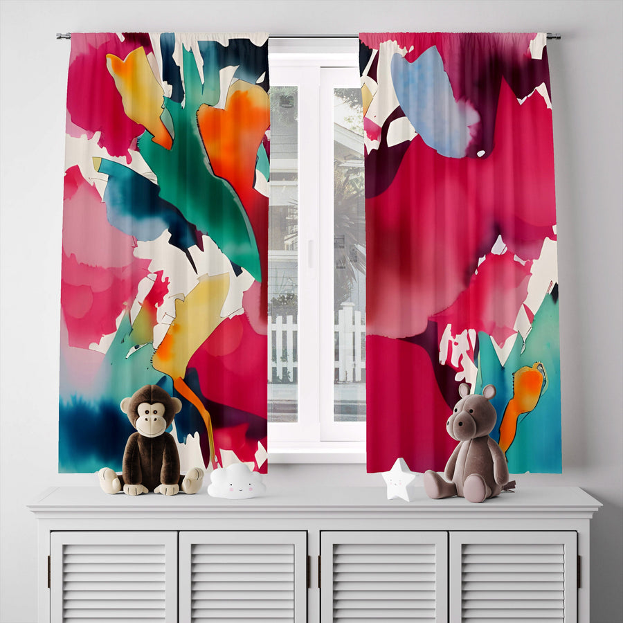 Abstract Window Curtain - Pink and Blue Faux Alcohol Ink Splatters - Deja Blue Studios