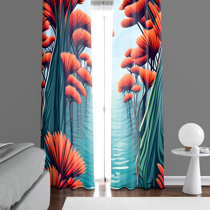 Floral Window Curtain - Orange and Teal Dandelion Forest - Deja Blue Studios