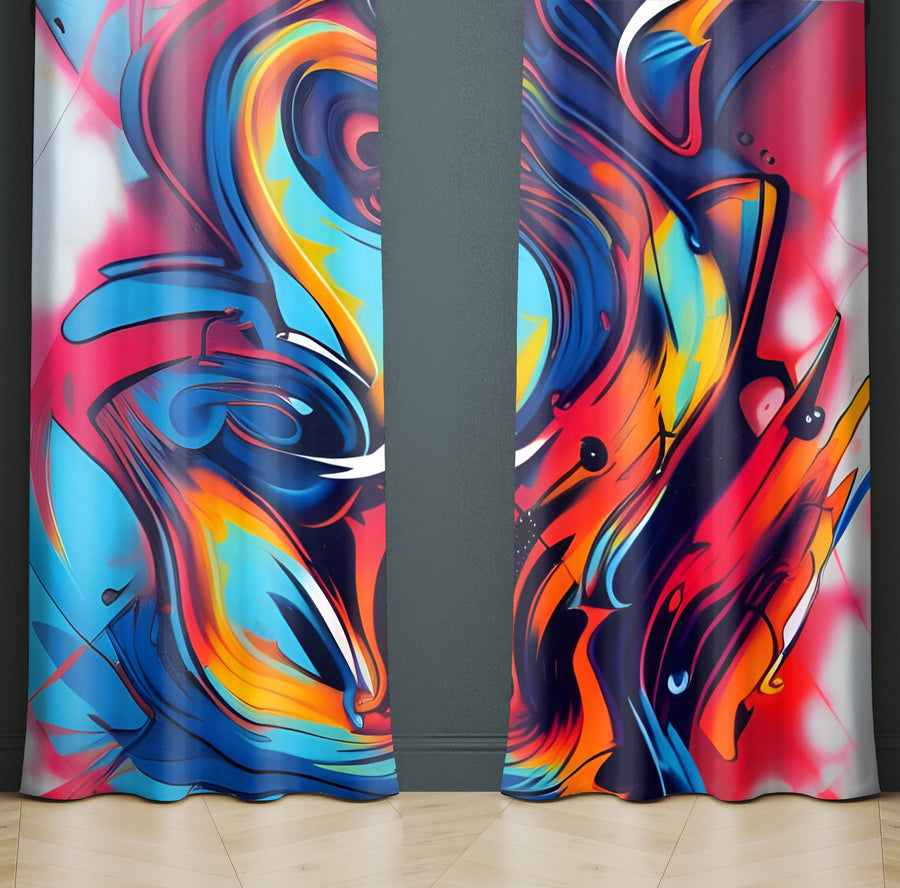 Abstract Window Curtain - Rainbow Paint Swirls - Deja Blue Studios
