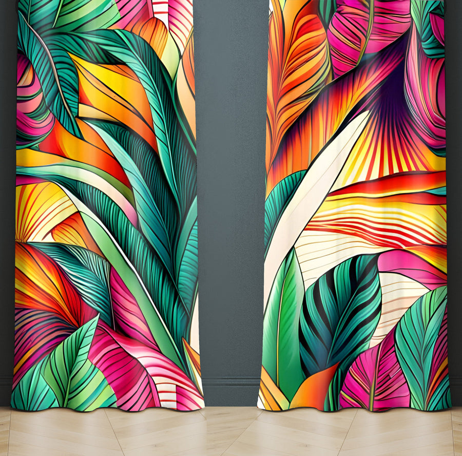 Floral Window Curtain - Green, Orange, and Pink Rainforest Leaves - Deja Blue Studios