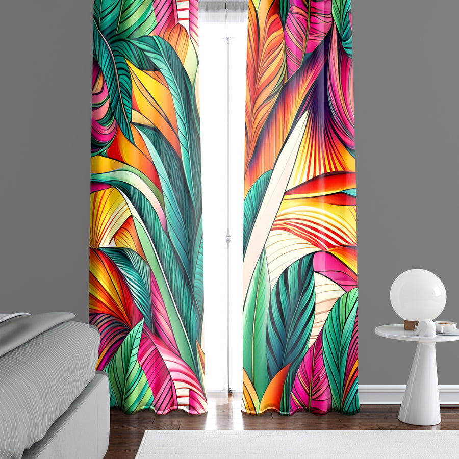 Floral Window Curtain - Green, Orange, and Pink Rainforest Leaves - Deja Blue Studios