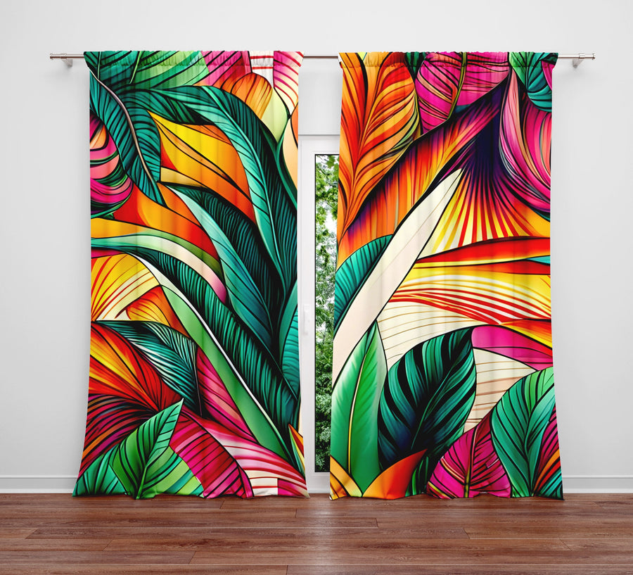 Floral Window Curtain - Green, Orange, and Pink Rainforest Leaves - Deja Blue Studios