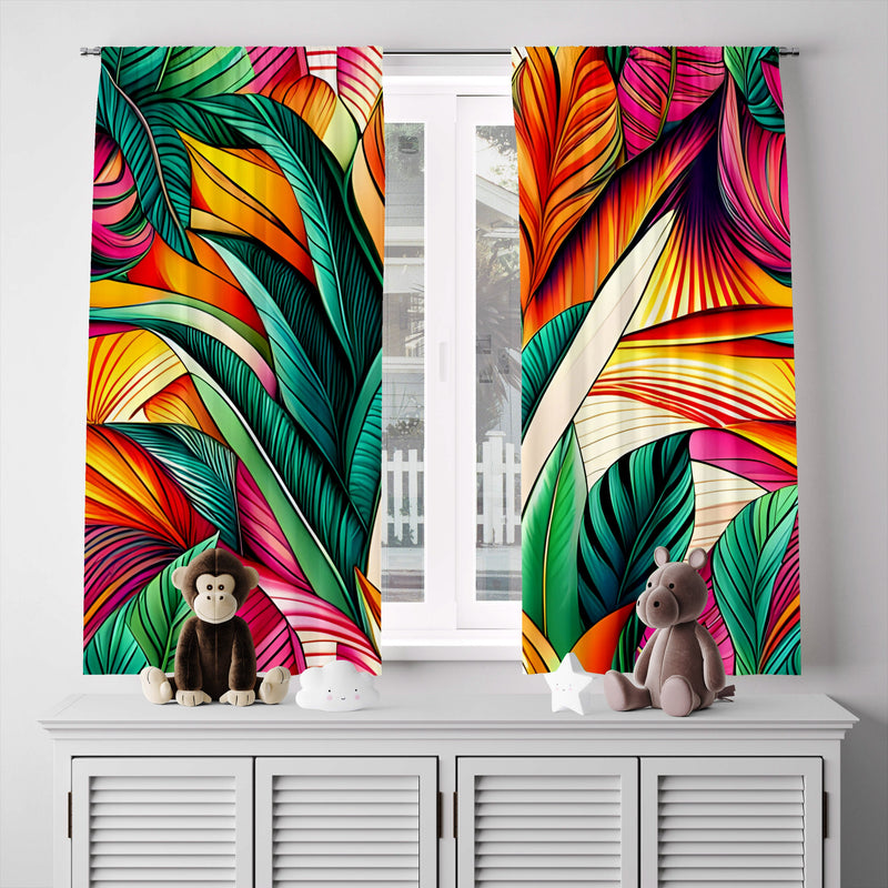 Floral Window Curtain - Green, Orange, and Pink Rainforest Leaves - Deja Blue Studios