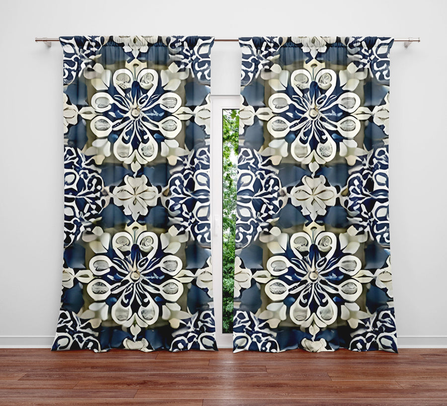 Geometric Window Curtain - Gray and Blue Kaleidoscope Pattern - Deja Blue Studios