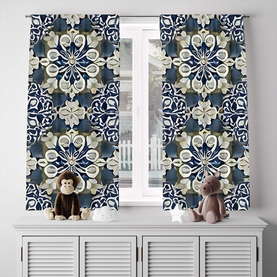 Geometric Window Curtain - Gray and Blue Kaleidoscope Pattern - Deja Blue Studios