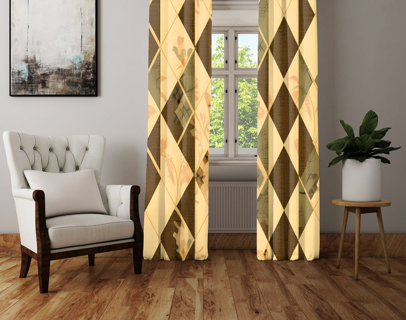 Geometric Window Curtain - Brown and Green Diamond Florals - Deja Blue Studios