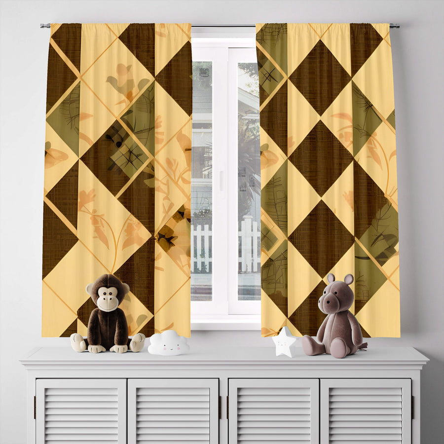 Geometric Window Curtain - Brown and Green Diamond Florals - Deja Blue Studios