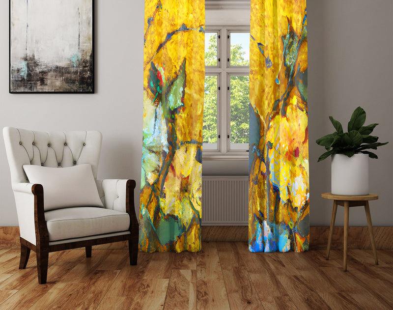 Floral Window Curtain - Van Gogh Inspired Yellow Flowers - Deja Blue Studios