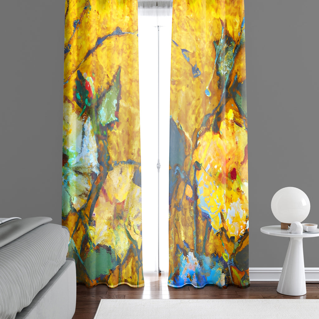 Floral Window Curtain - Van Gogh Inspired Yellow Flowers - Deja Blue Studios