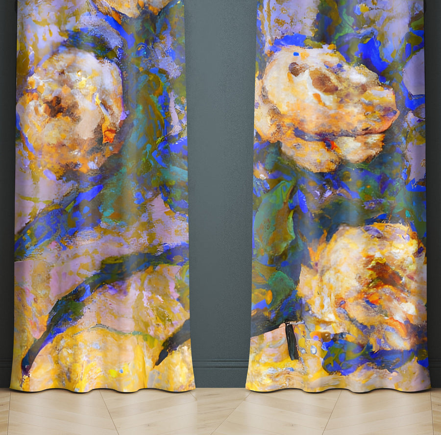 Floral Window Curtains - Blue and Orange Watercolor Peonies - Deja Blue Studios