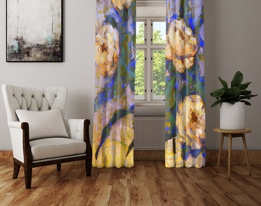 Floral Window Curtains - Blue and Orange Watercolor Peonies - Deja Blue Studios