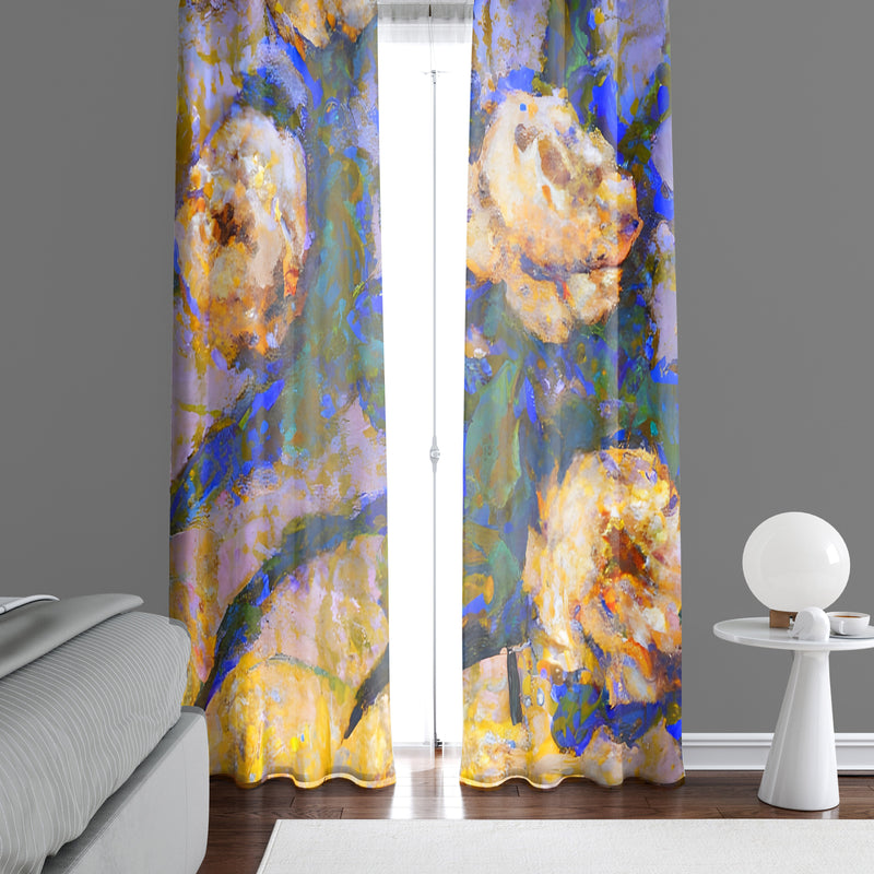 Floral Window Curtains - Blue and Orange Watercolor Peonies - Deja Blue Studios