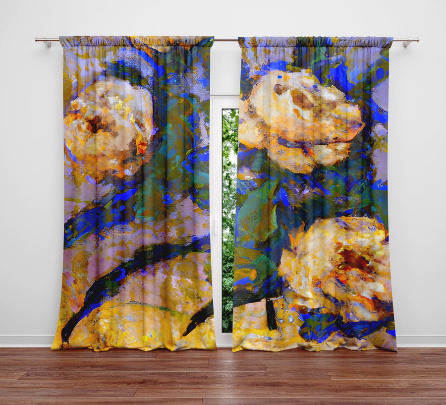 Floral Window Curtains - Blue and Orange Watercolor Peonies - Deja Blue Studios