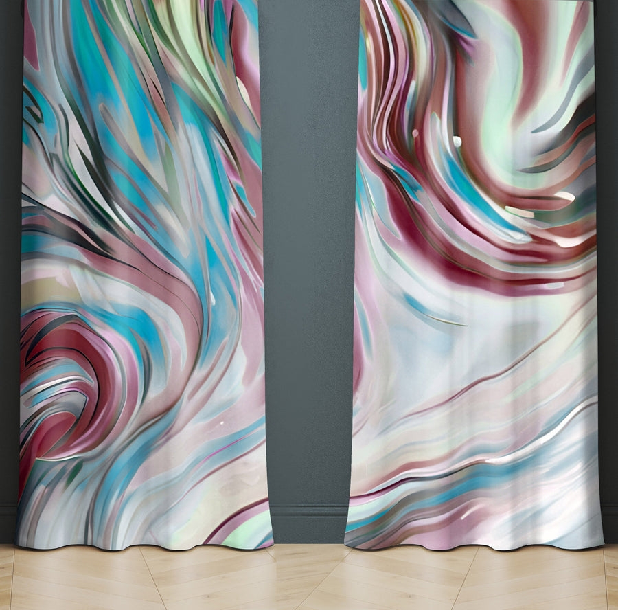 Abstract Window Curtain - Blue and Red Painted Swirls - Deja Blue Studios