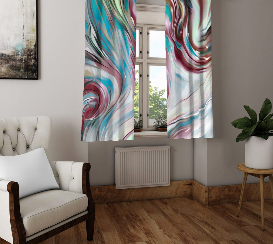 Abstract Window Curtain - Blue and Red Painted Swirls - Deja Blue Studios