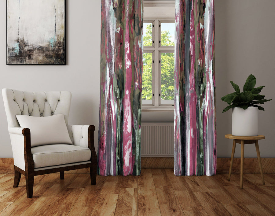 Striped Window Curtain - Pink and Green Watercolor Stripes - Deja Blue Studios