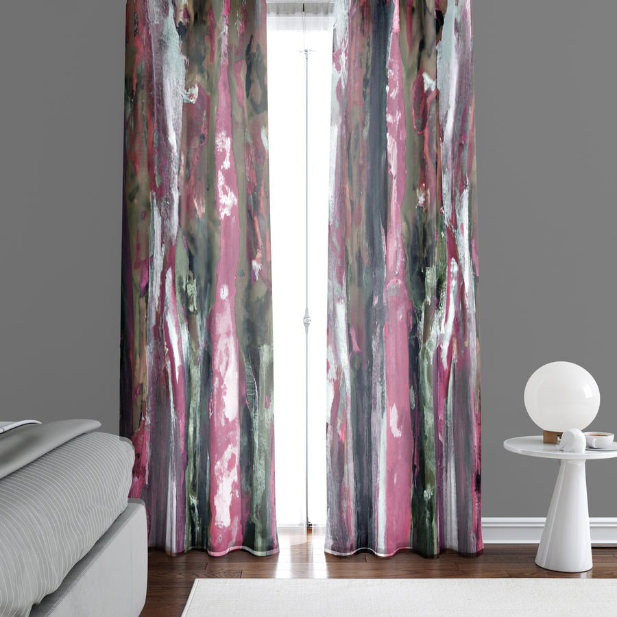 Striped Window Curtain - Pink and Green Watercolor Stripes - Deja Blue Studios