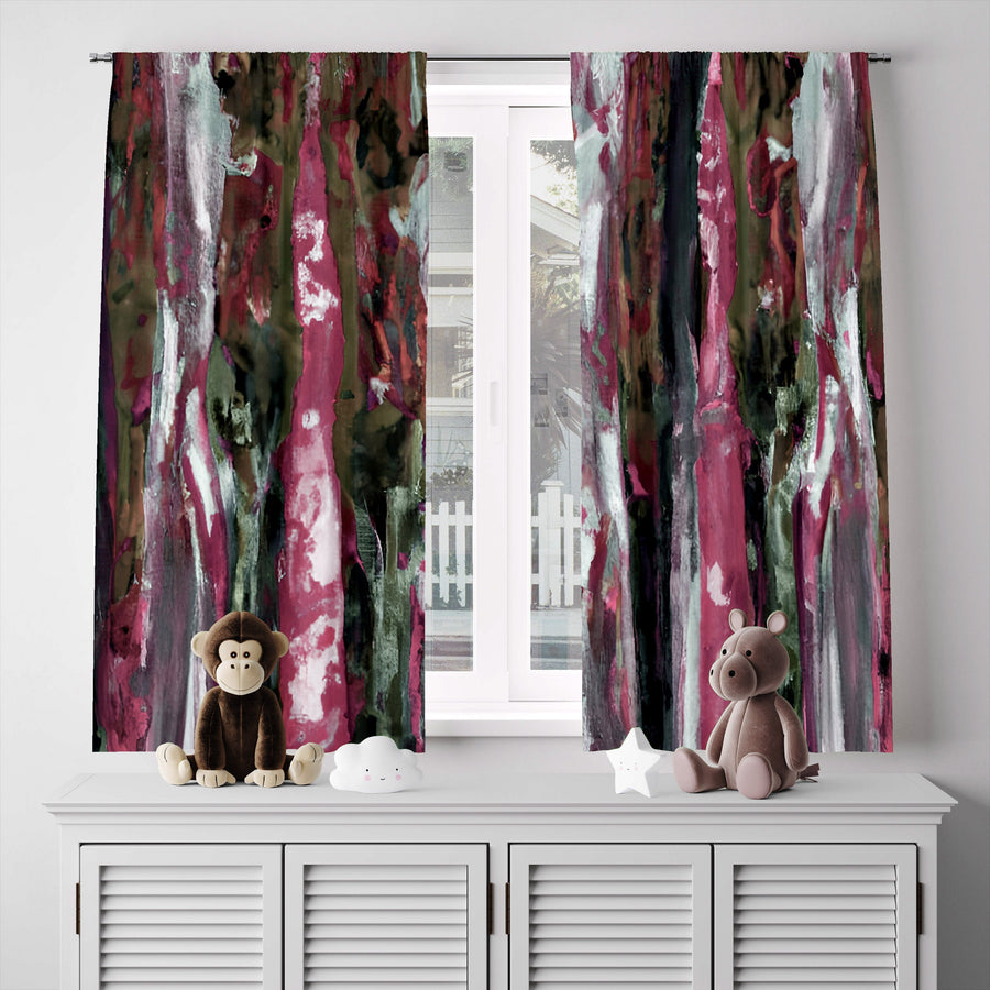 Striped Window Curtain - Pink and Green Watercolor Stripes - Deja Blue Studios