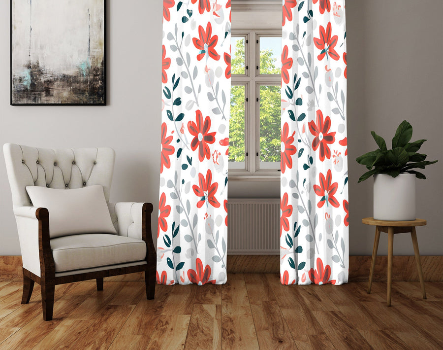 Floral Window Curtain - Orange and Gray Ivy Daisies - Deja Blue Studios