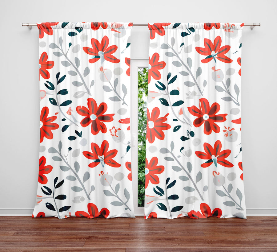 Floral Window Curtain - Orange and Gray Ivy Daisies - Deja Blue Studios