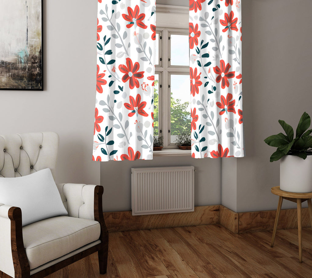 Floral Window Curtain - Orange and Gray Ivy Daisies - Deja Blue Studios