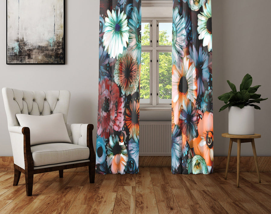 Floral Window Curtain - Blue and Orange Daisy and Peony Bouquet - Deja Blue Studios
