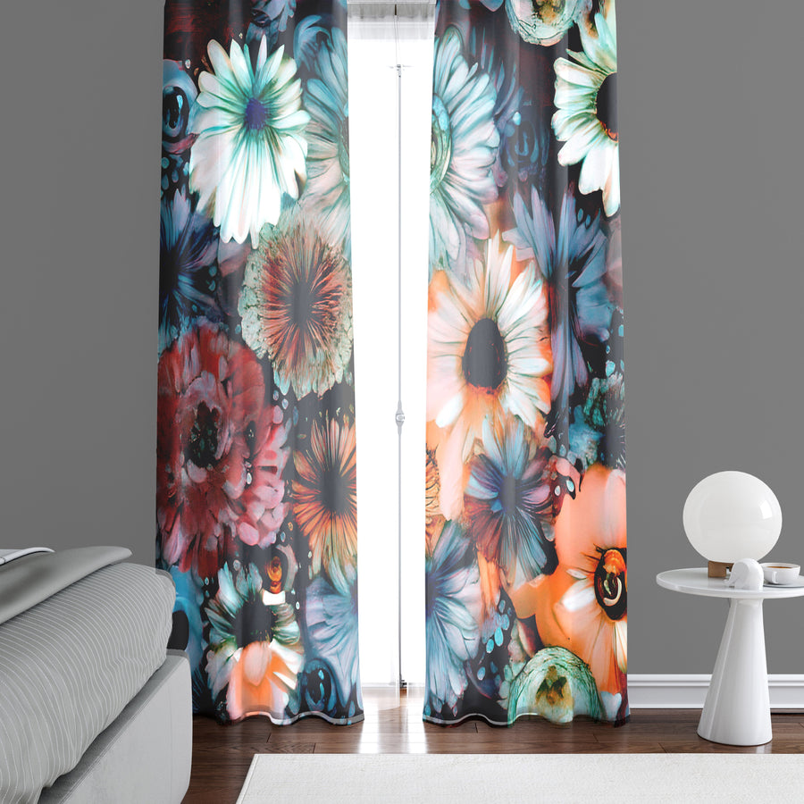 Floral Window Curtain - Blue and Orange Daisy and Peony Bouquet - Deja Blue Studios