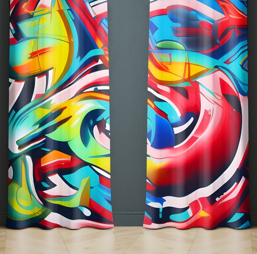 Abstract Window Curtain - Red, Blue, and Green Neon Light Swirls - Deja Blue Studios