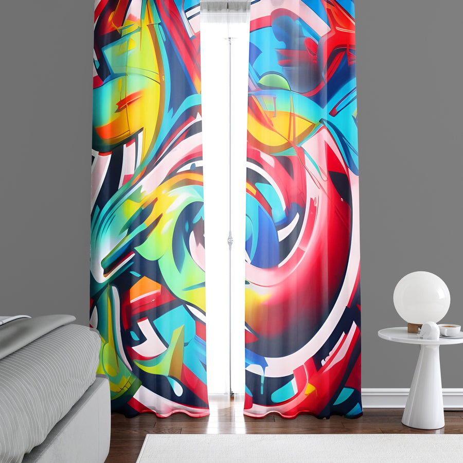 Abstract Window Curtain - Red, Blue, and Green Neon Light Swirls - Deja Blue Studios