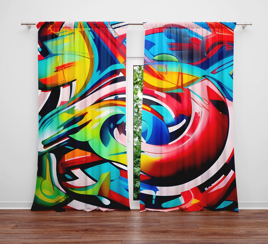 Abstract Window Curtain - Red, Blue, and Green Neon Light Swirls - Deja Blue Studios