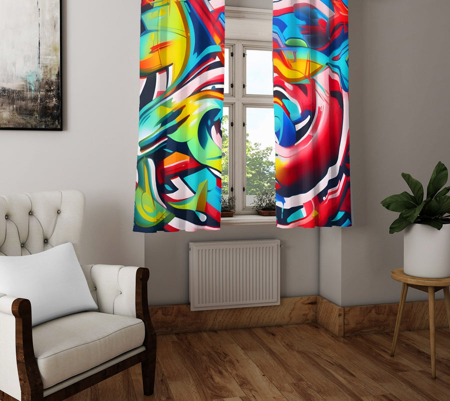 Abstract Window Curtain - Red, Blue, and Green Neon Light Swirls - Deja Blue Studios