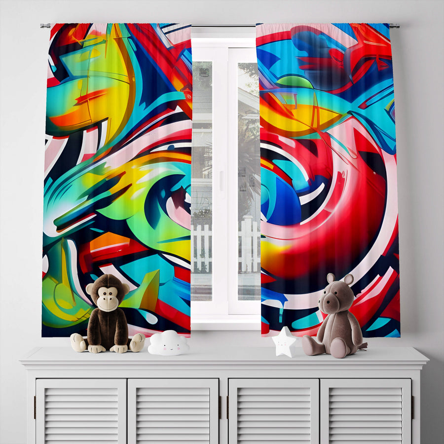 Abstract Window Curtain - Red, Blue, and Green Neon Light Swirls - Deja Blue Studios