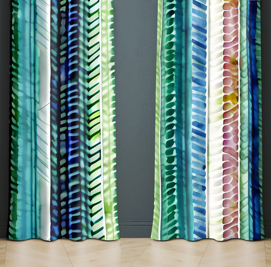 Striped Window Curtain - Blue and Green Abstract Striped Chevron - Deja Blue Studios