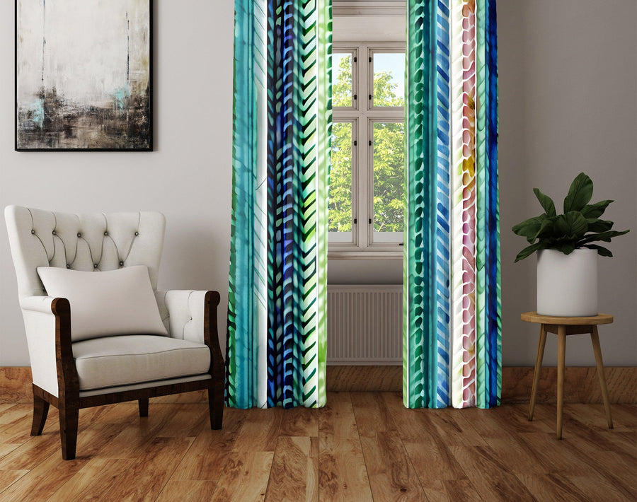 Striped Window Curtain - Blue and Green Abstract Striped Chevron - Deja Blue Studios