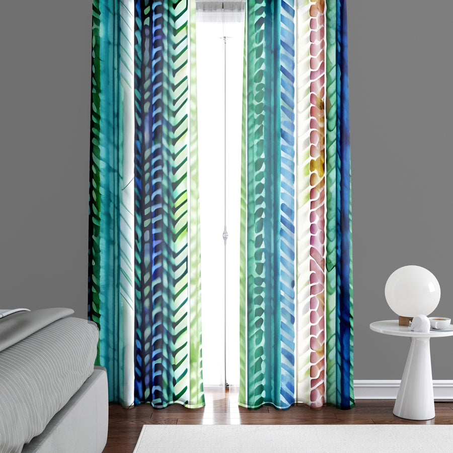 Striped Window Curtain - Blue and Green Abstract Striped Chevron - Deja Blue Studios
