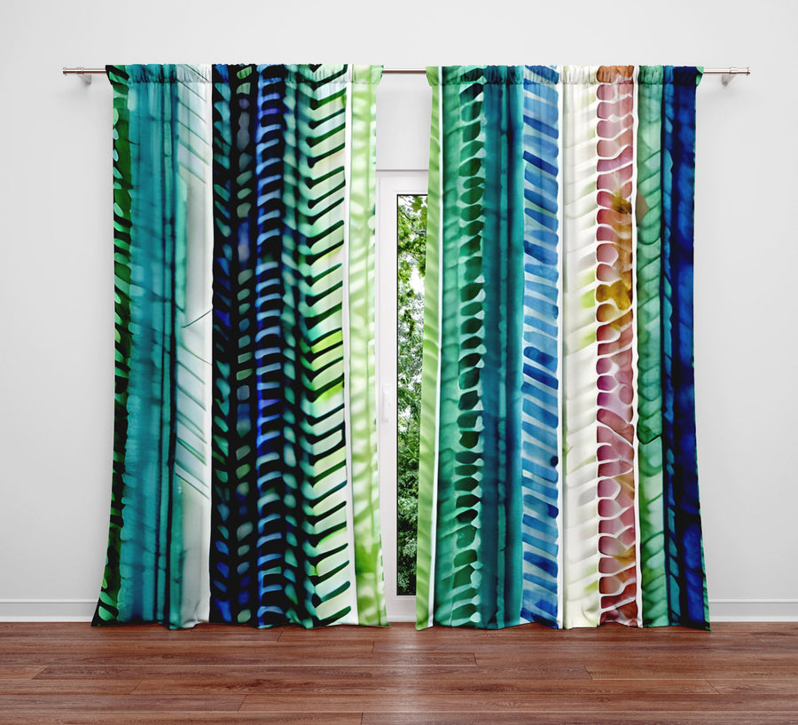Striped Window Curtain - Blue and Green Abstract Striped Chevron - Deja Blue Studios