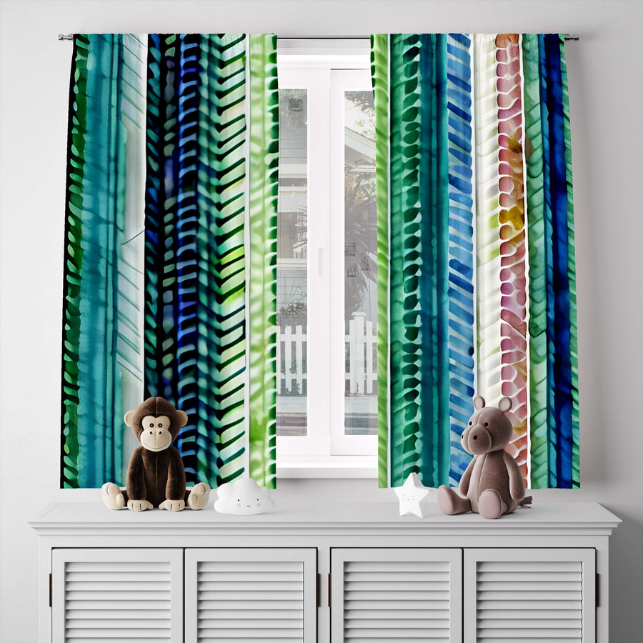 Striped Window Curtain - Blue and Green Abstract Striped Chevron - Deja Blue Studios
