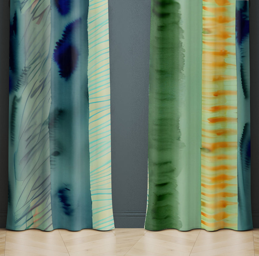 Striped Window Curtain - Green and Orange Watercolor Stripes - Deja Blue Studios