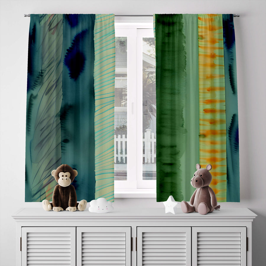 Striped Window Curtain - Green and Orange Watercolor Stripes - Deja Blue Studios