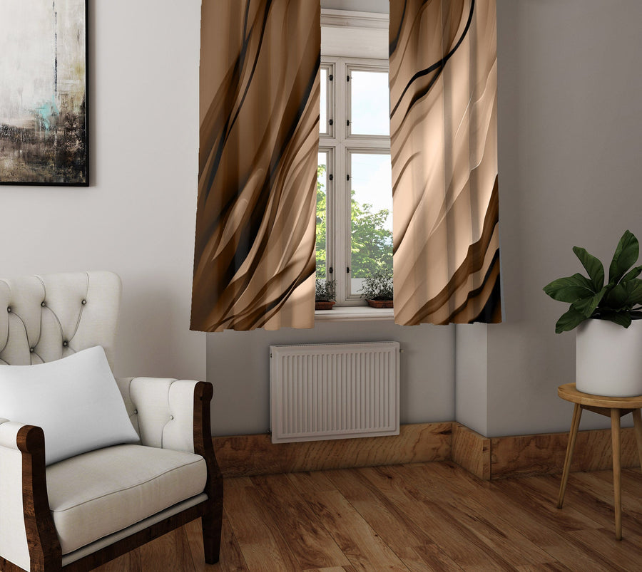 Abstract Window Curtain - Tan and Brown Wavy Afternoon - Deja Blue Studios