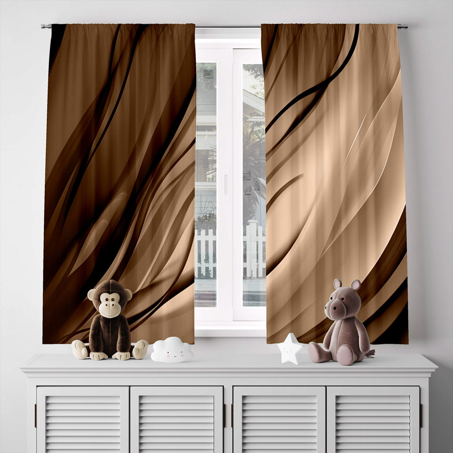 Abstract Window Curtain - Tan and Brown Wavy Afternoon - Deja Blue Studios