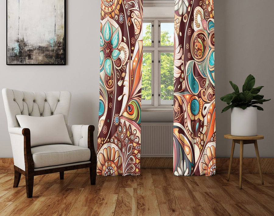 Abstract Window Curtain - Maroon and Teal Paisley Peacock Feathers - Deja Blue Studios