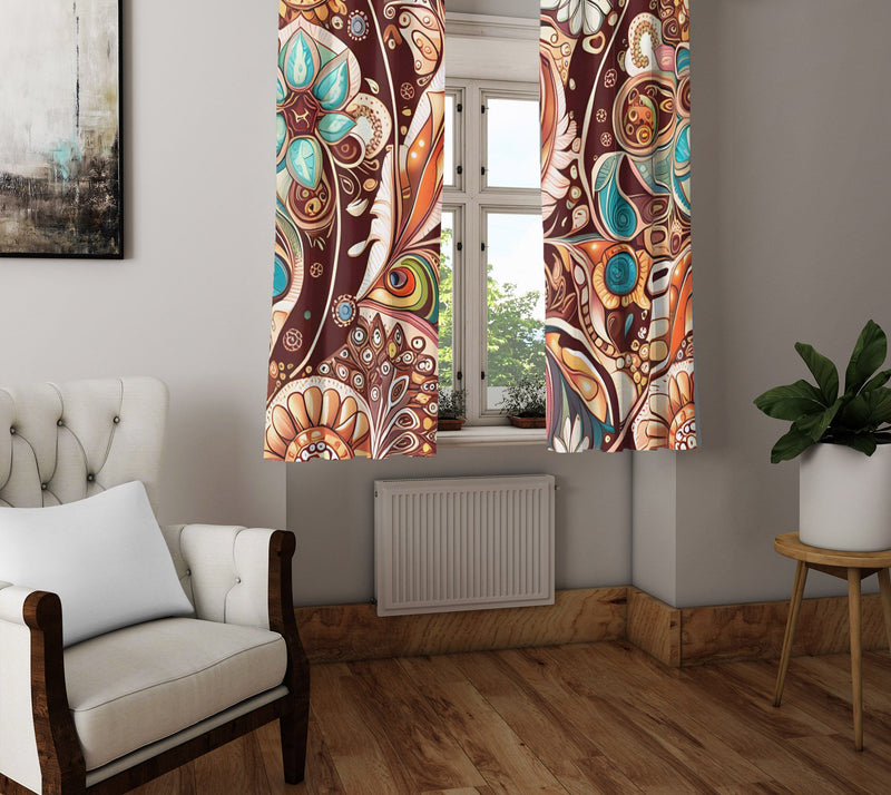 Abstract Window Curtain - Maroon and Teal Paisley Peacock Feathers - Deja Blue Studios
