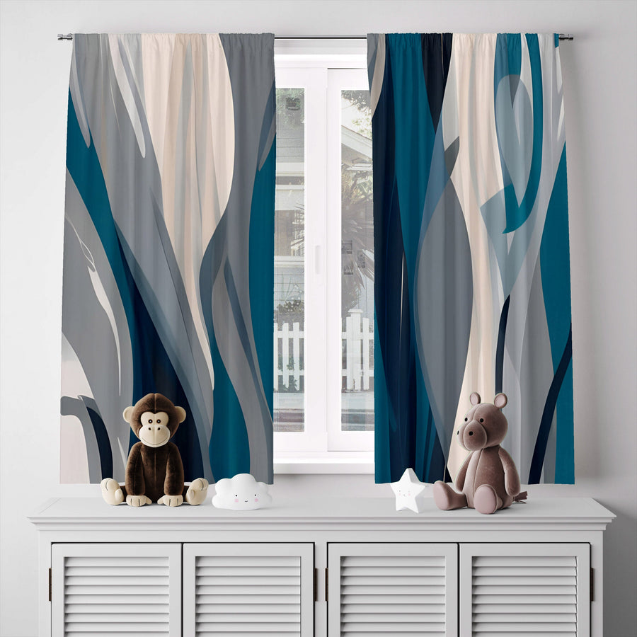 Abstract Window Curtain - Teal and Beige Beachy Ocean Waves - Deja Blue Studios