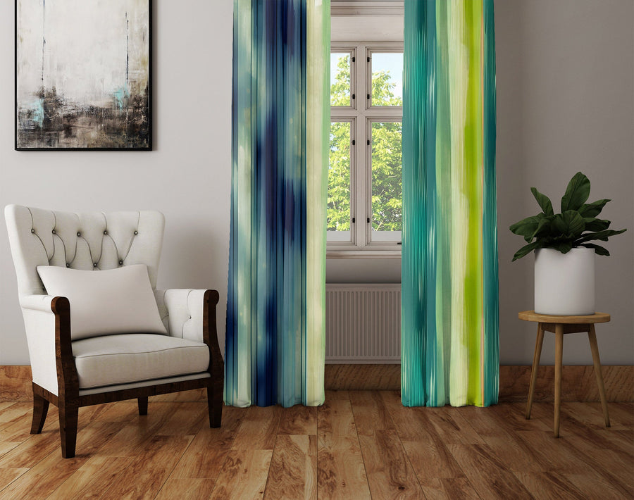 Striped Window Curtain - Green Abstract Stripes - Deja Blue Studios